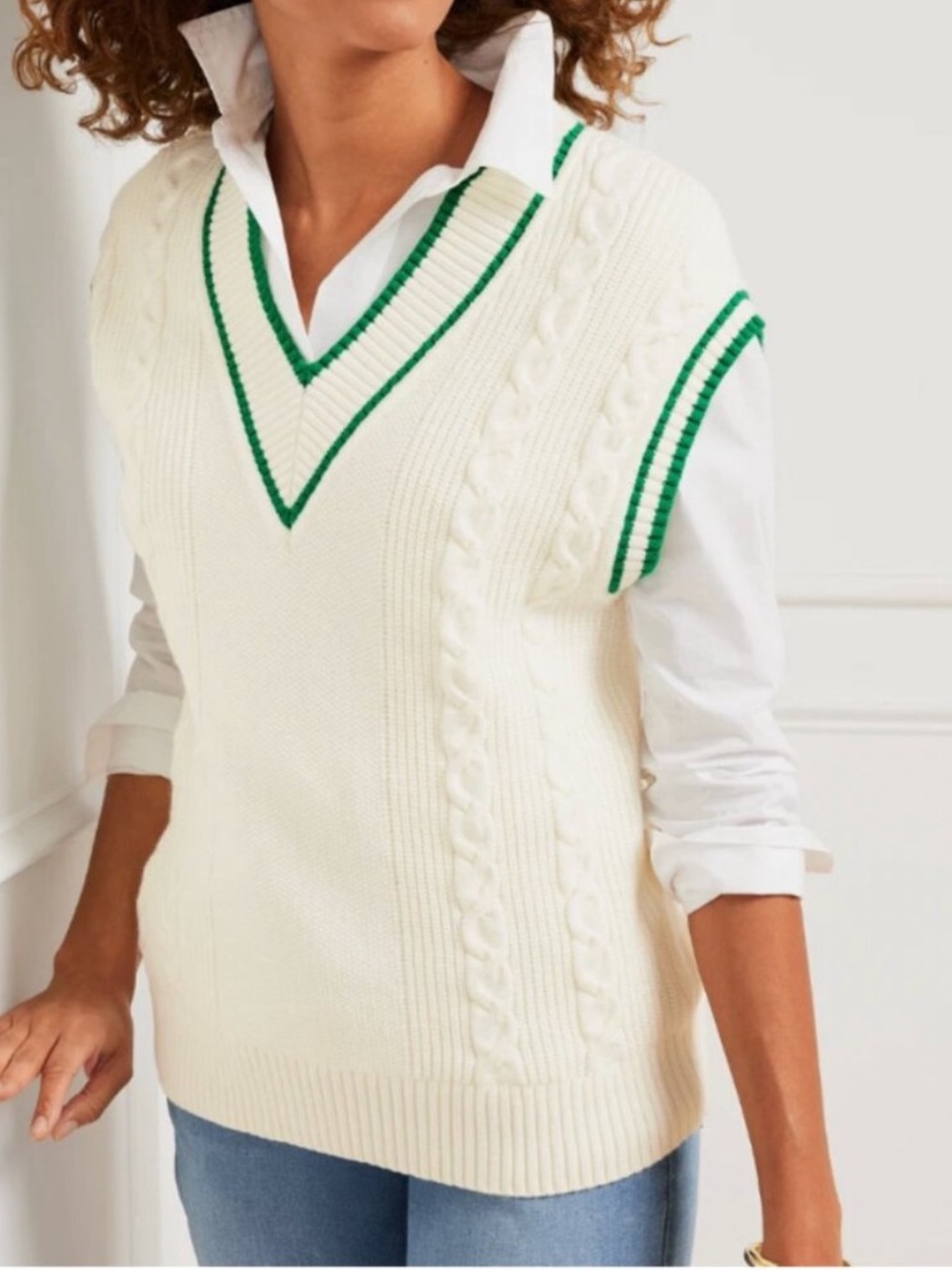 Talbots size M Cream Cable-Knit V-Neck Sweater Vest with Green Stripe